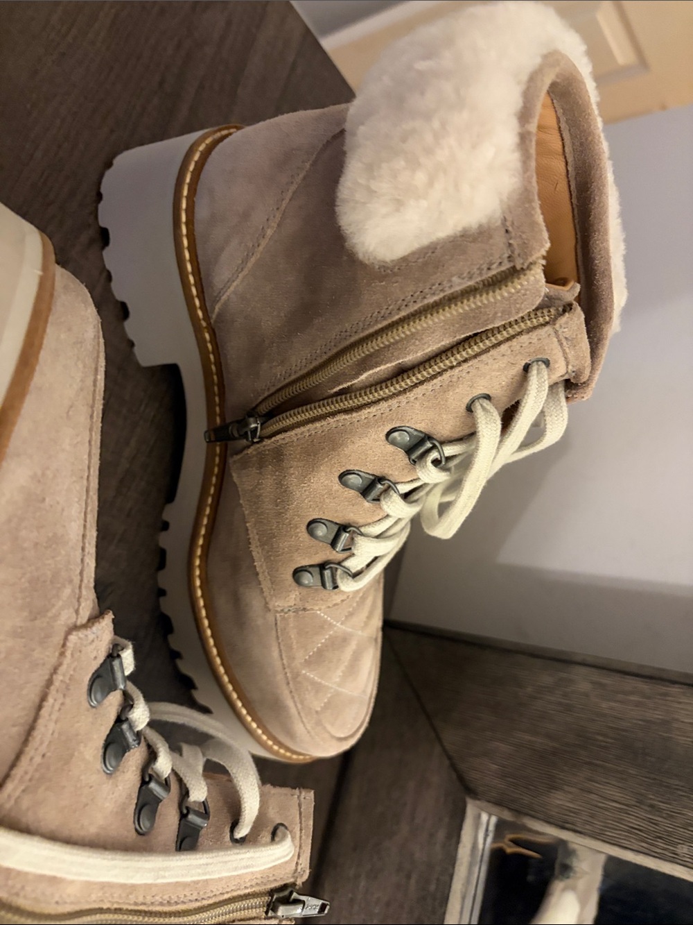 Johnston & Murphy Taupe Suede Lace-Up Shearling Boots - Picture 3 of 5